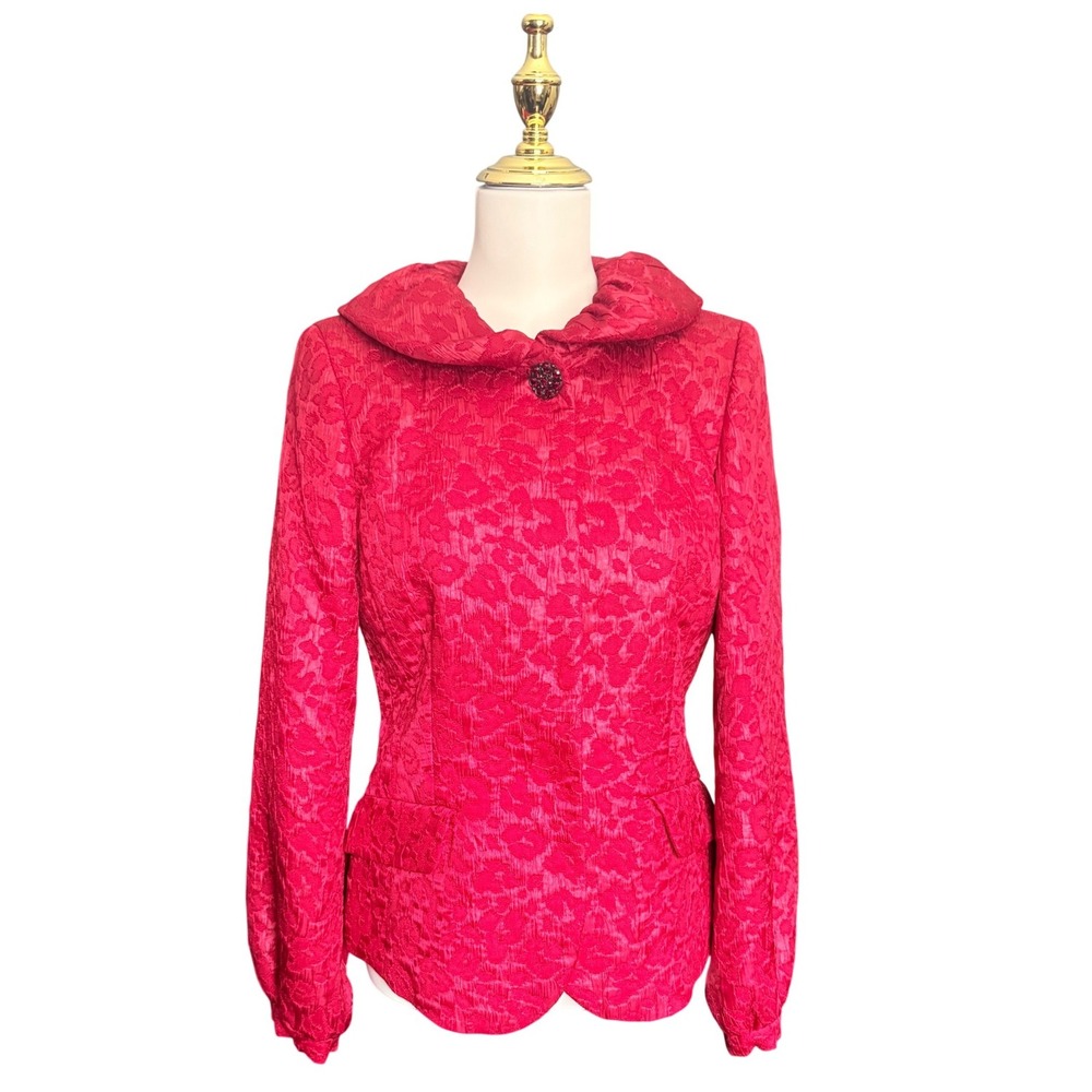Dana Buchman Red Animal Print Jacquard Blazer Jeweled Button Jacket Size 6 NEW